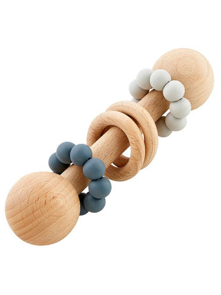 a beech wood baby rattle with blue and grey silicone accessories