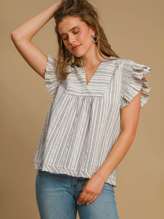 a blue striped babydoll ruffle sleeve top