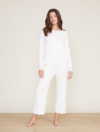 barefoot dream slouchy pearl white pullover sweater paired with matching flared pearl white pants