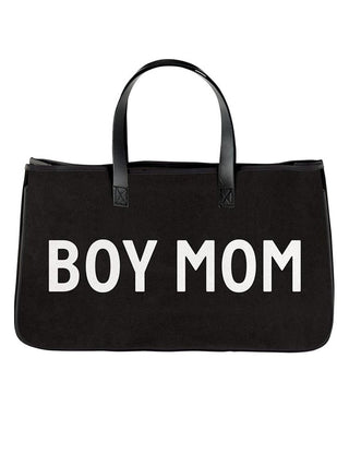 sleek black canvas tote that reads boy mom