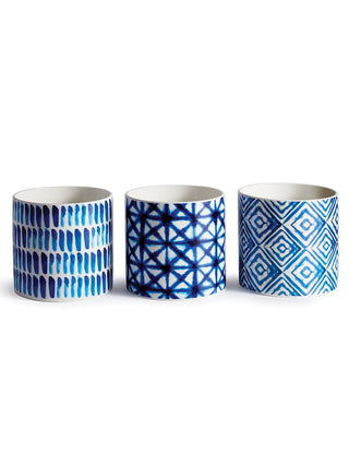 tiny ceramic pots with blue and white geometric patterns