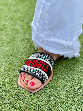 slip on game day sandals in red and black with georgia print