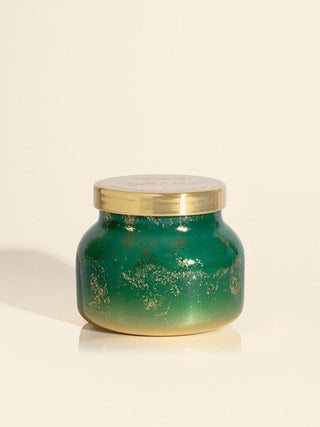 emerald green and gold holiday candle in a crystal pine scent