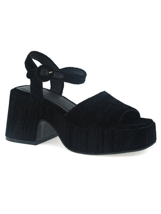 black velvet platform sandals with open toe design and ankle strap 