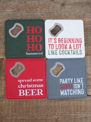 a collection of coasters with funny sentiments perfect for christmas holiday parties and as stocking stuffer gifts