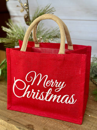 a red merry christmas gift tote bag