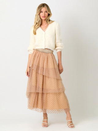 fluffy white ivory cropped long sleeve sweater paired with layered tangerine midi skirt