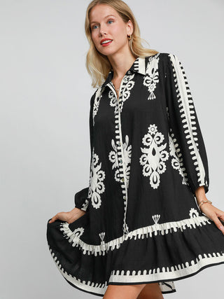 black and white border print collared mini dress with button down design