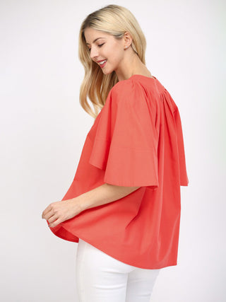 Coral Breeze Flutter Sleeve Blouse - Coral