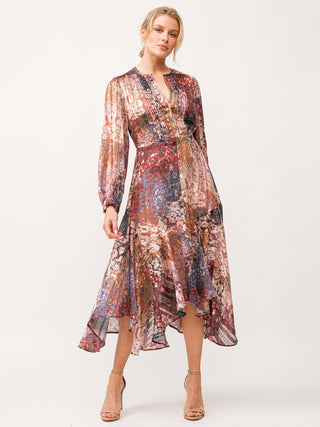 multi colored floral midi dress with v neck and flowy handkerchief hem