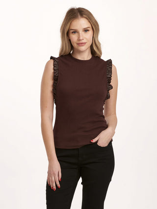 coffee brown crewneck top with playful ruffle armhole details with contrast faux leather trimming