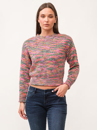 a fun and colorful long sleeve cropped yarn sweater with shimmer