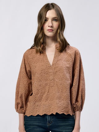 brown eyelet blouse with v neckline poet sleeves and cinched back