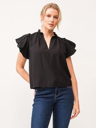 a fun black puff sleeve blouse with a split neck