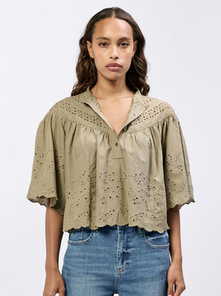 olive green eyelet design blouse vintage romance  with a collared split neck and half button up 