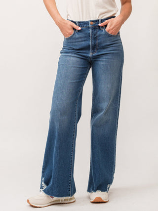 a pair of high rise wide leg denim jeans with a flattering fit and comfy stretch