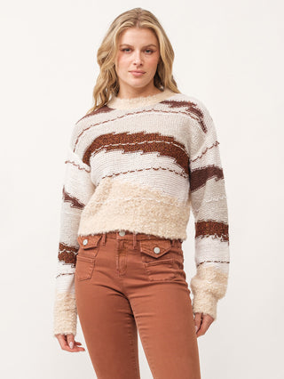 toasted gingerbread brown and cream abstract design long sleeve sweater