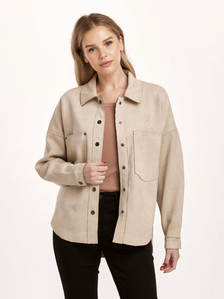 fall cream suede shirt jacket with a snap button front long sleeves and stylish patch pockets