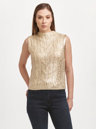 crew neck sleeveless fitted sweater in ivory with rose gold with shiny metallic foil