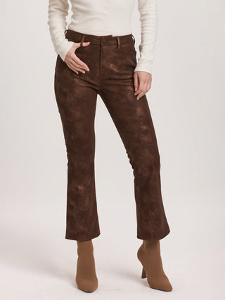 shimmering brown high rise cropped flare pants with a metallic printed faux leather fabric