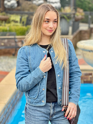 a trendy cropped blue denim quilted jacket with buttons