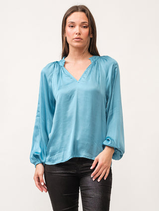 light blue silky soft long sleeve v neck blouse 