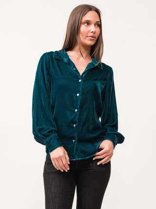 deep teal velvet long sleeve button down shirt