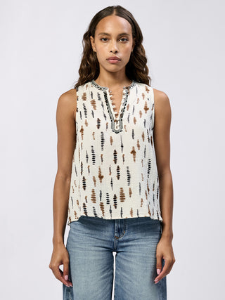 ivory sleeveless blouse with brown and black abstract print a round neckline and V with half button detail