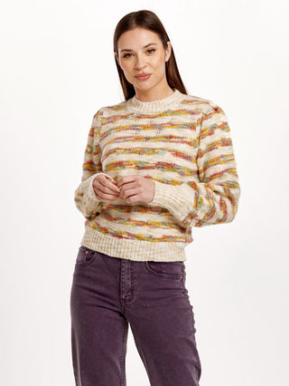 rainbow striped long sleeve crew neck sweater with banded cuffs and waist 