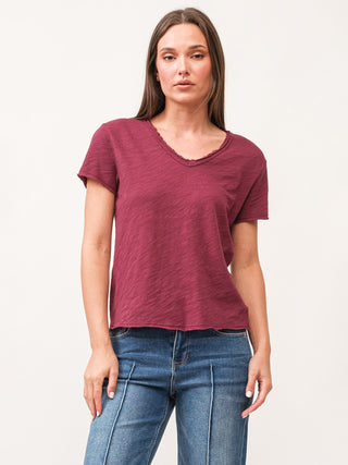 pomegranate short sleeve  v neck slub tee with raw edges