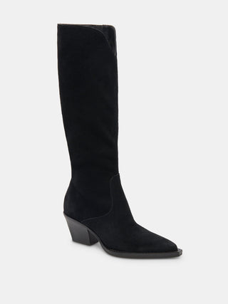 western sleek black knee-high suede boots