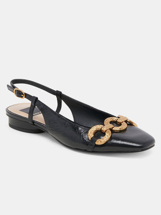 a sophisticated black leather crinkle flat shoe with a large gold chain on the front