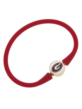 a red silicone stackable bali bracelet with gold plated georgia logo bead clasp