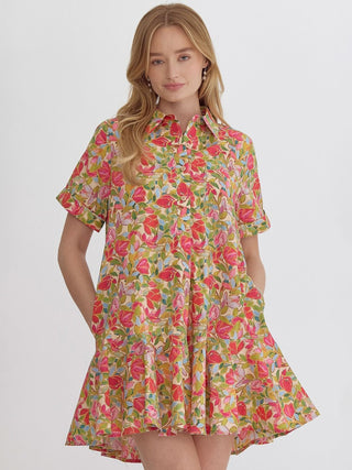 multicolored floral mini dress with a collared neck and cute pockets