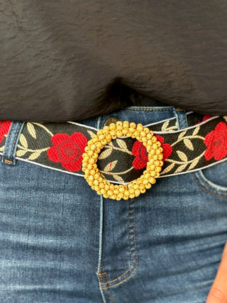 Flower Round Buckle Belt - Black/Red