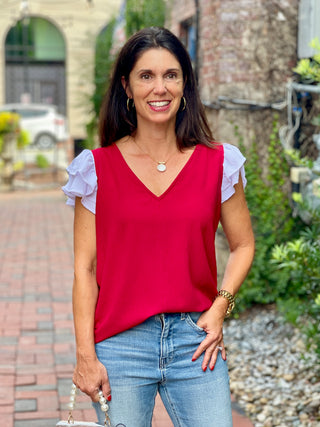 a flowy crimson and white bama short flutter sleeve game day top