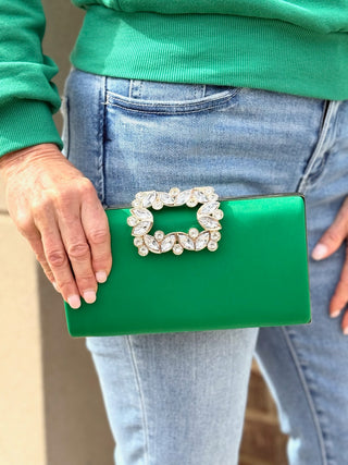 a glamorous st patricks day green box shoulder clutch with a jeweled buckle