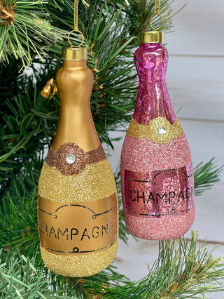 Glitter Champagne Bottle Mercury Glass Ornament