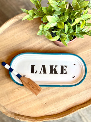 fun ceramic snack dish that says lake and comes with wooden spreader oar