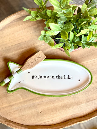 stunning ceramic snack dish shaped as a fish that says go jump in the lake