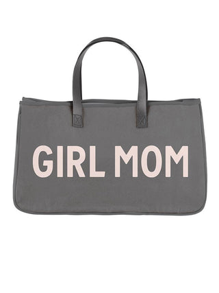 sleek grey canvas tote that reads girl mom