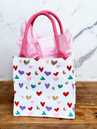 flirty valentines gift bag with muli colored hearts