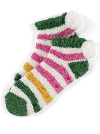 cozy striped holiday green pom pom fuzzy socks