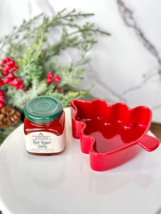 a jolly gift set of hot pepper jelly and a red christmas tree ramekin