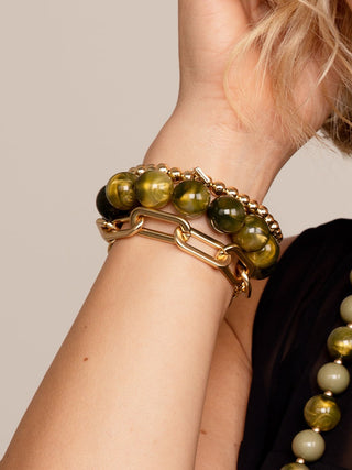 iridescent olive beaded elastic stretch bracelet with gold charm 