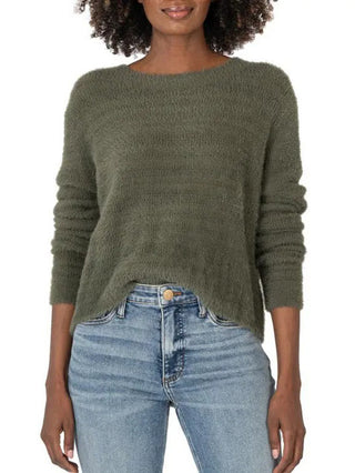 soft fuzzy olive green long sleeve scoop neck sweater 