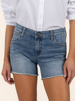 classic high rise medium washed denim jean shorts with frayed hem