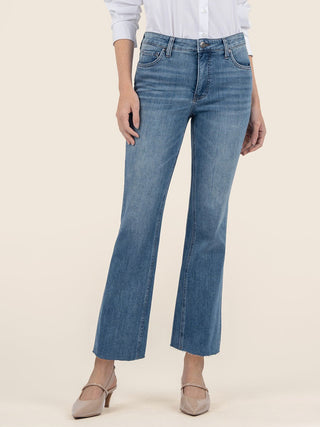 flattering ankle cropped flare denim jeans with a soft stretch