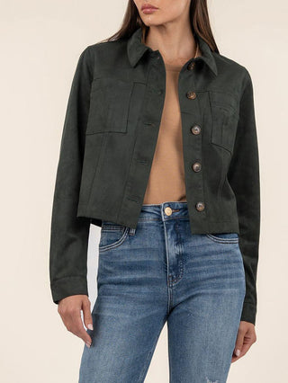 cropped faux suede hunter green jacket with collar 