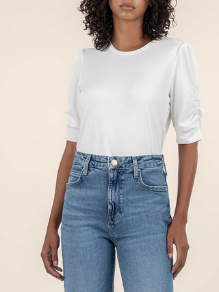 ivory scoop neck shirt with shirred sleeves